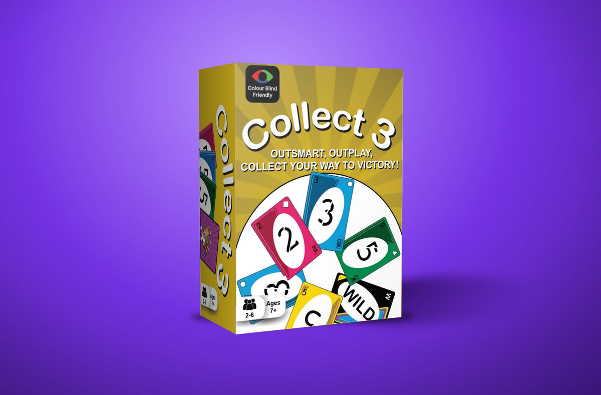 Collect 3 card game box, the fast card-passing party game for game night