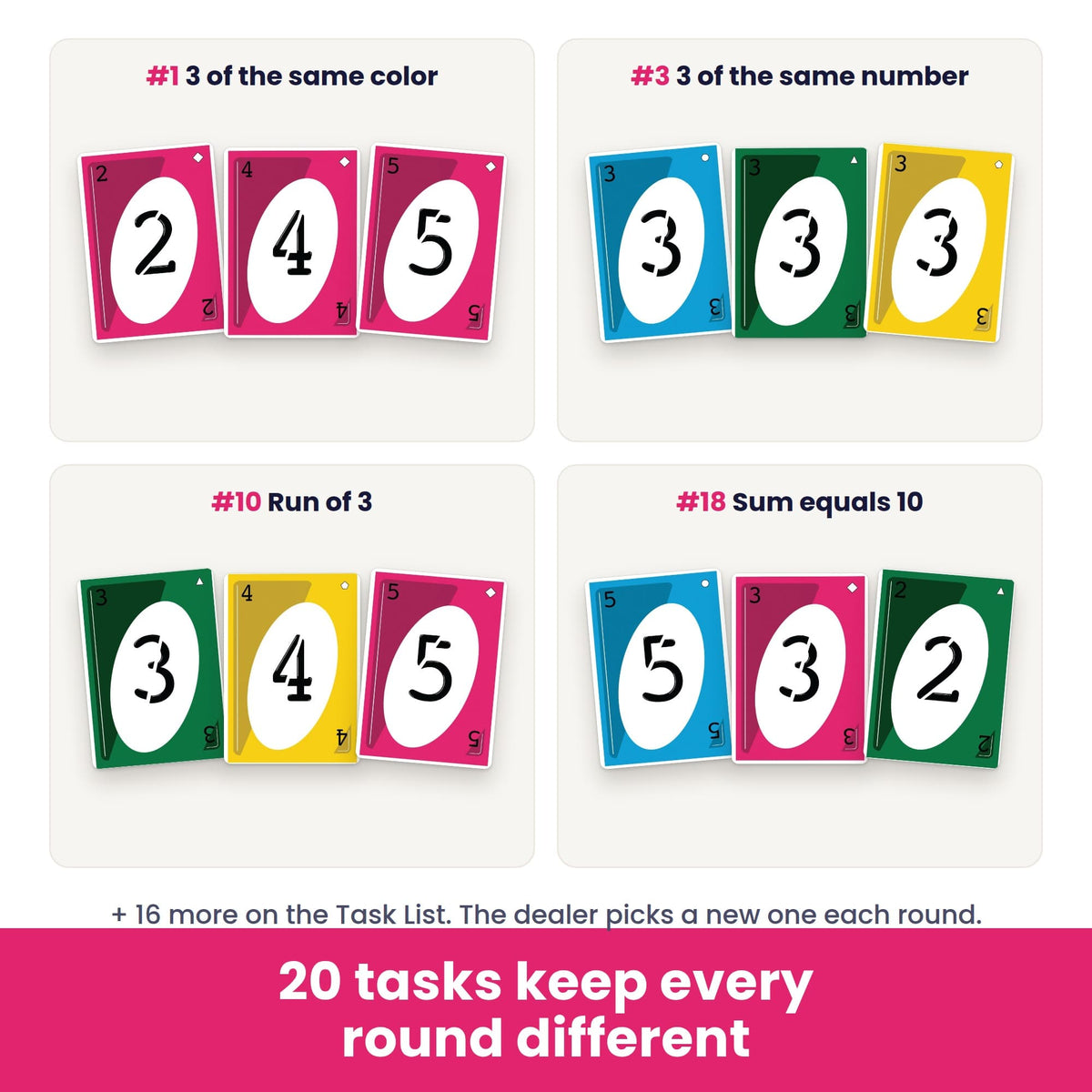 Collect 3 Task List examples: 3 of the same color, 3 of the same number, run of 3, sum equals 10