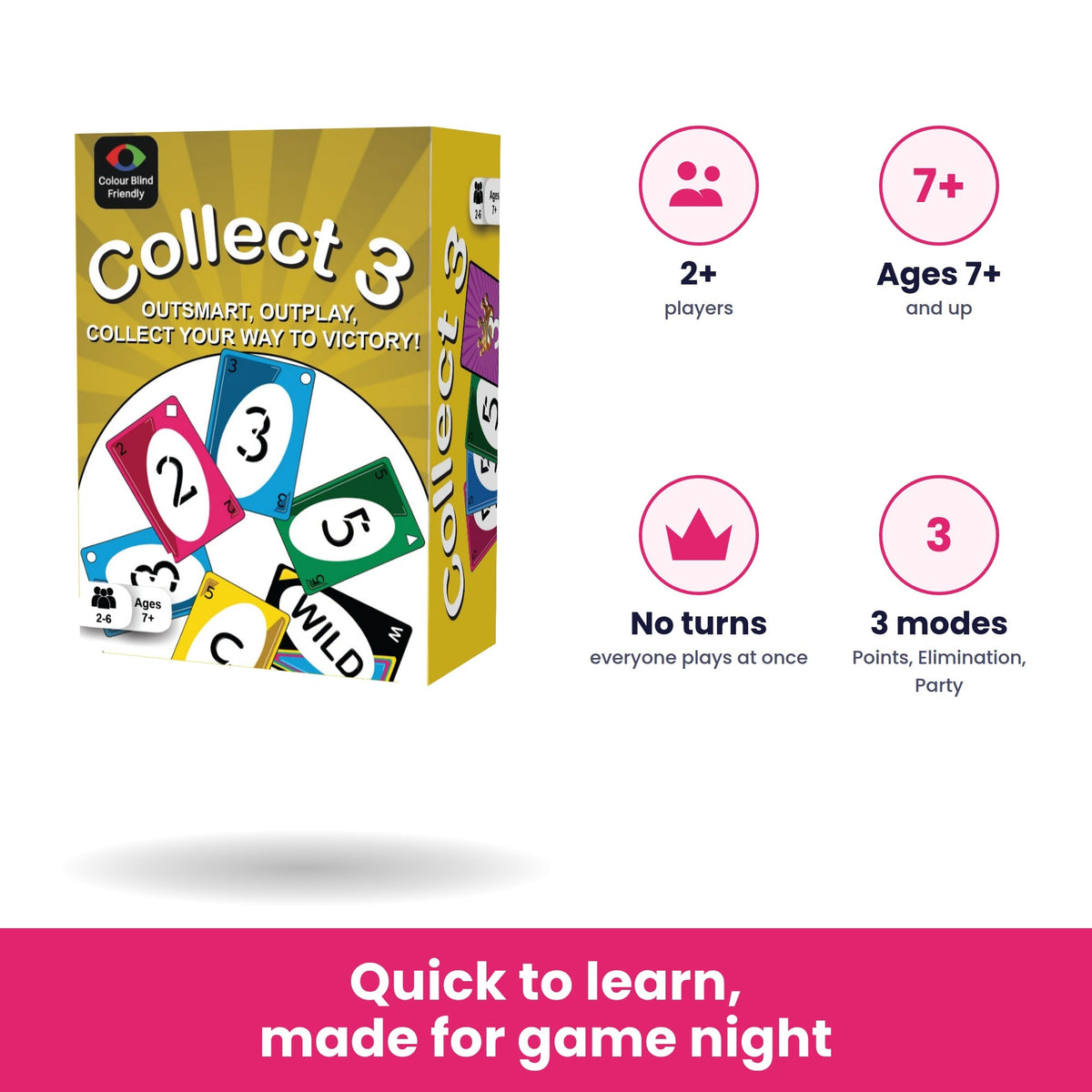 Collect 3 card game for 2 or more players, ages 7 and up, no turns, 3 game modes
